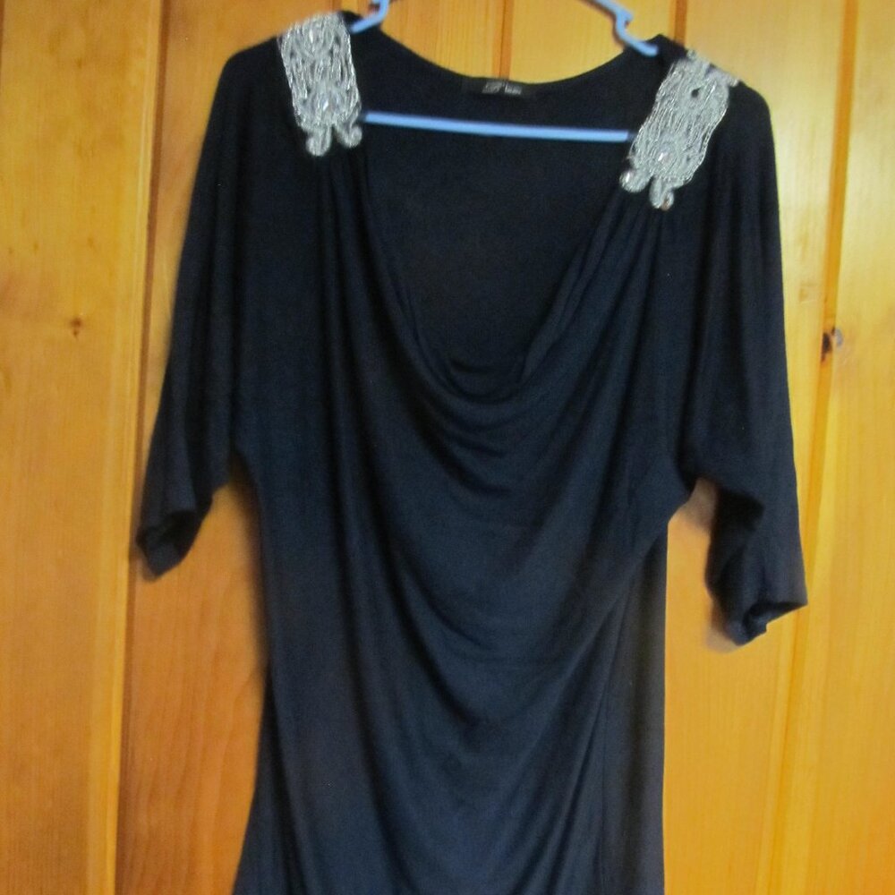 Rhinestone Embellished Navy Blue Blouse Womens sz L Blouse Drop Draping Neckline